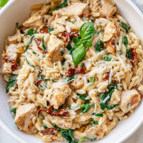 Tuscan Chicken Orzo simmering in a rich, golden sauce, featuring juicy chicken, orzo pasta, and aromatic garlic in a rustic skillet.