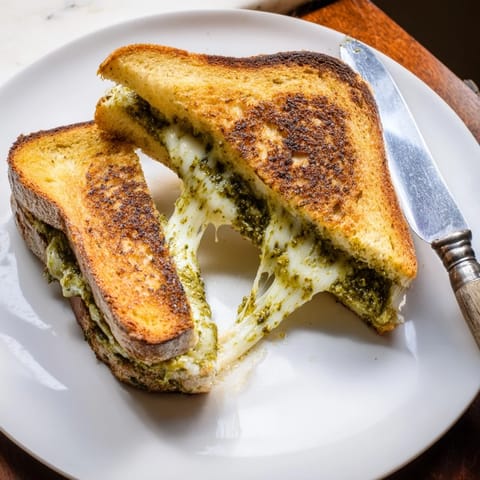 A crispy sourdough pesto grilled cheese sandwich rests beside a creamy bowl of tomato soup for dipping.