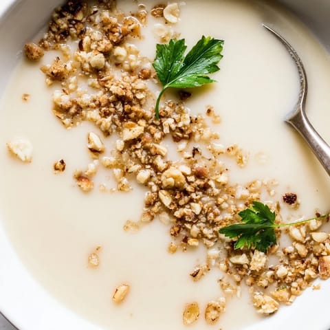 Creamy roasted celeriac soup served in a white bowl, topped with crunchy toasted hazelnut crumble and fresh parsley garnish for texture.  