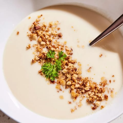 Velvety celeriac soup with hazelnut crumble, finished with fresh parsley, ready to be served as a cozy vegetarian main or starter.  
