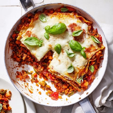 Slices of One-Pan Smoky Veggie Lentil Lasagne reveal layers of red lentils, mushrooms, and béchamel sauce.