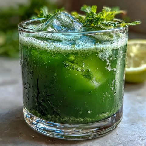 A tall glass of Celery Ginger Lemon Juice filled with vibrant green liquid, ice cubes, and a fresh celery stalk garnish.