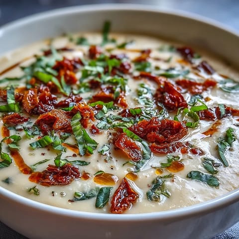 A velvety, rich Creamy Tuscan White Bean Soup garnished with Parmesan and sun-dried tomatoes, steaming hot from the pot.