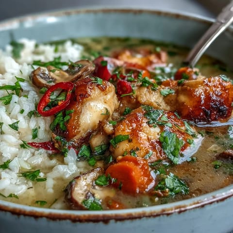 Thai Coconut Curry Soup brimming with tender chicken, mushrooms, and carrots in a rich, creamy coconut broth.