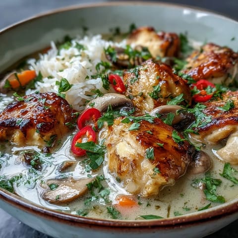 A steaming bowl of Thai Coconut Curry Soup garnished with cilantro and lime wedges for a bright finish.