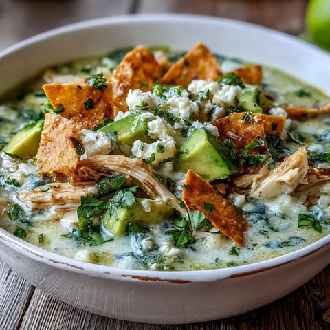 Creamy Chicken Tortilla Soup topped with avocado, lime wedge, cilantro, and crushed chips, steaming beside a colorful spoon.