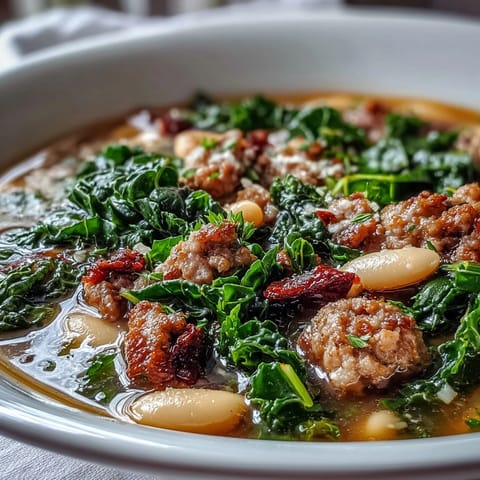Hearty Italian White Bean Soup with Kale and Sausage served with crusty bread, featuring vibrant green kale and browned sausage.
