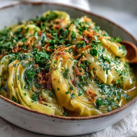 Creamy Coconut Braised Cabbage simmered with turmeric and cumin, garnished with fresh cilantro and served warm.