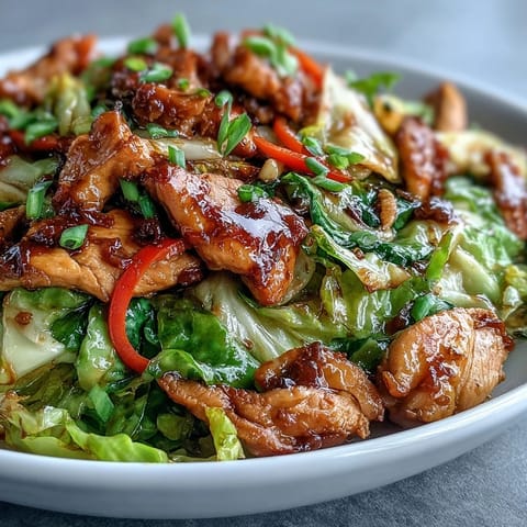 Quick weeknight Chicken Cabbage Stir-Fry served hot over fluffy steamed white rice.