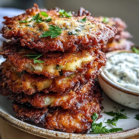 Golden-brown Cabbage Fritters with Dipping Sauce stacked on a white plate, garnished with fresh parsley.