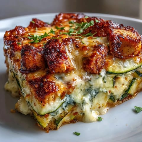 Fork-tender pieces of seared chicken breast layered with crisp zucchini slices, all bathed in a creamy Greek yogurt and egg blend inside the High Protein Chicken Zucchini Bake.