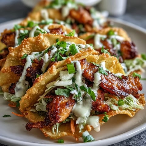 Crispy Chicken Wonton Tacos filled with smoky ginger chicken, crunchy slaw, and creamy sriracha mayo.