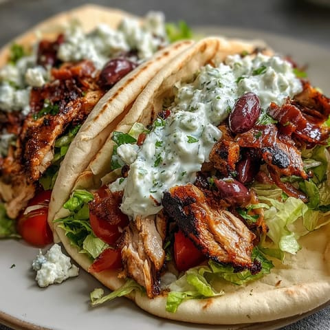 Freshly grilled Mediterranean Chicken Gyros topped with creamy feta tzatziki, red onion slices, and halved Kalamata olives.