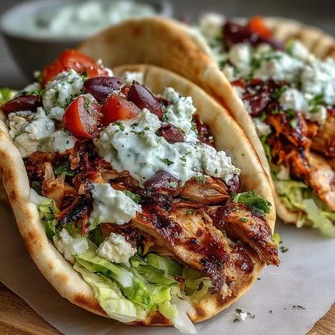 Golden-brown, sizzling Mediterranean Chicken Gyros are layered on a warm pita with crisp lettuce and fresh diced tomatoes.