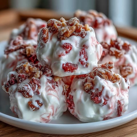 Close-up of Strawberry & Banana Yogurt Clusters showing creamy Greek yogurt texture and vibrant berry swirls.