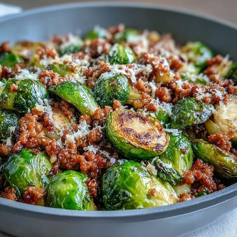Golden-brown Brussels sprouts and savory ground turkey sizzle in a hot skillet, garnished with fresh parsley and grated Parmesan.