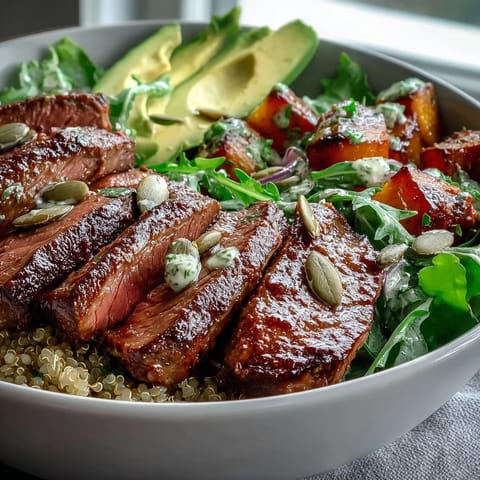 Golden, caramelized butternut squash steak bowls are topped with tender sliced steak, peppery greens, and crunchy pepitas.