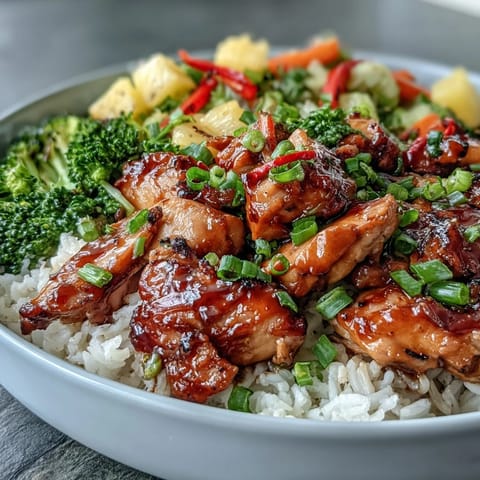Fluffy white rice supports saucy teriyaki chicken, vibrant broccoli, peppers, and sweet pineapple for an easy weeknight meal.