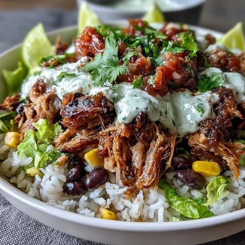 Golden-brown shredded carnitas piled high on fluffy rice, topped with black beans, sweet corn, and crisp lettuce in a serving bowl.