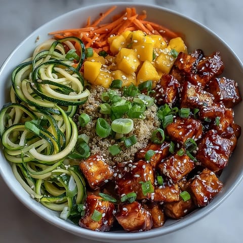 Golden-brown, crispy baked tofu cubes and spiralized zucchini and carrots sit atop fluffy quinoa in a vibrant Easy Teriyaki Bowl. 