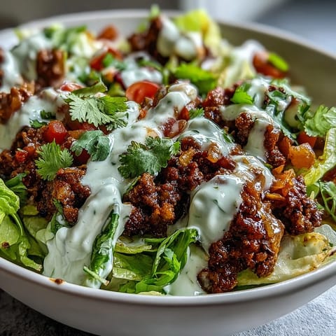 Vibrant Healthy Taco Bowl with seasoned ground beef, fresh tomatoes, radishes, cilantro, and lime crema.
