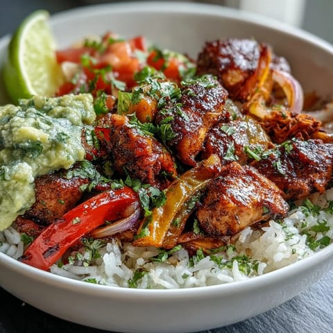 A sizzling Sheet Pan Chicken Tinga Bowl features smoky chipotle chicken, roasted veggies, and lime wedges ready for dinner.