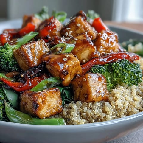 Fluffy quinoa and crispy tofu topped with vibrant stir-fried vegetables and drizzled with sweet teriyaki sauce in a bowl.