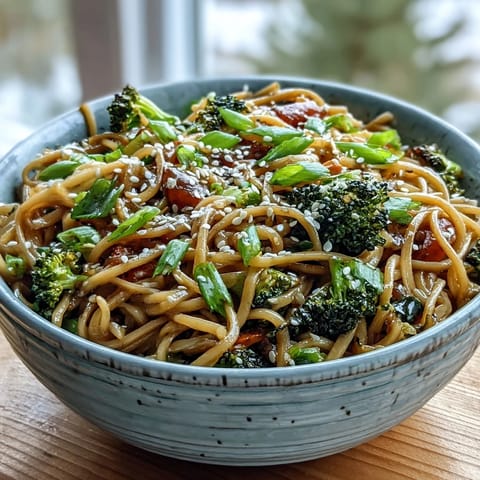 Steaming hot Asian Teriyaki Noodle Bowl tossed with fresh green onions and garnished with toasted sesame seeds, served on a rustic wooden table.