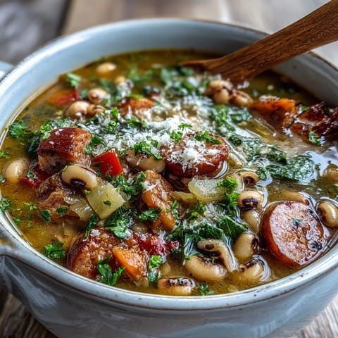A rustic Dutch oven holds a rich Black-Eyed Peas and Sausage Soup with visible chunks of vegetables. 