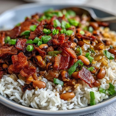 Classic Hoppin John recipe features smoky bacon, tender black-eyed peas, and fluffy white rice served with scallions and hot sauce.