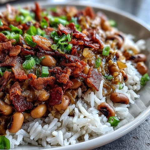 A hearty bowl of Hoppin John, a traditional Southern dish with black-eyed peas and savory bacon, perfect for New Year's Day.