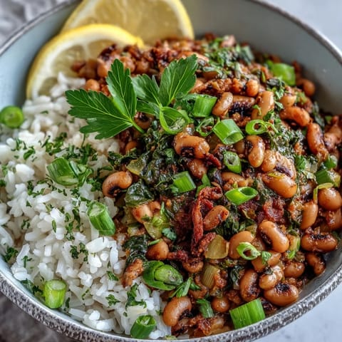 Vegetarian Hoppin John served over fluffy white rice, topped with fresh parsley and sliced green onions for a classic Southern meal.