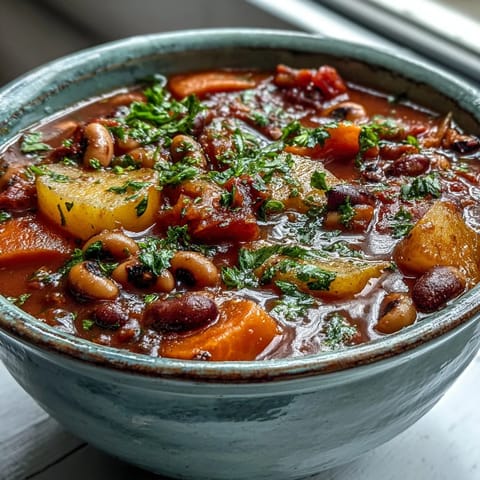 Steaming Black-Eyed Pea Stew with Chefs Touch ladled into a rustic bowl, topped with fresh parsley.