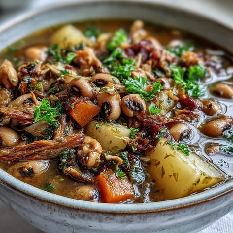 Steaming bowl of Black-Eyed Pea Stew with Smoked Ham Hocks, featuring tender vegetables and fresh parsley garnish.