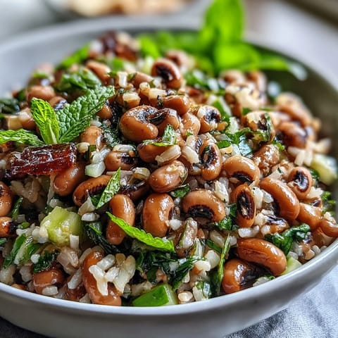 Chilled Southern Black Eyed Pea Salad mixed with fluffy brown rice and fresh mint leaves, perfect for a refreshing summer lunch.