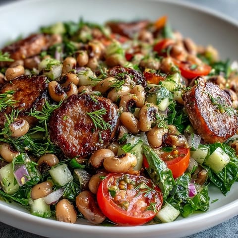 Fresh Hoppin John Style Black-Eyed Pea Salad with turkey sausage tossed in mustard dressing in a white bowl. 