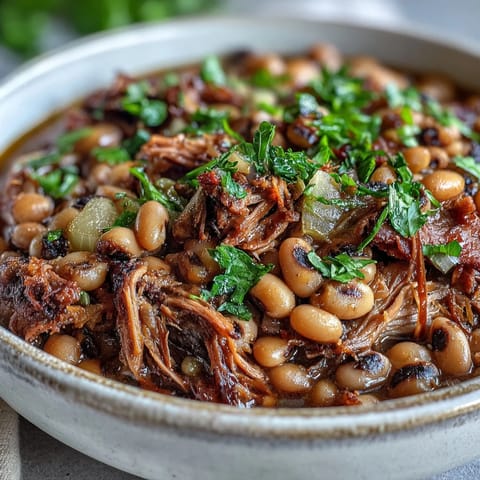 Steaming bowl of Classic New Years Black-Eyed Peas served over fluffy white rice with a side of collard greens and golden cornbread.