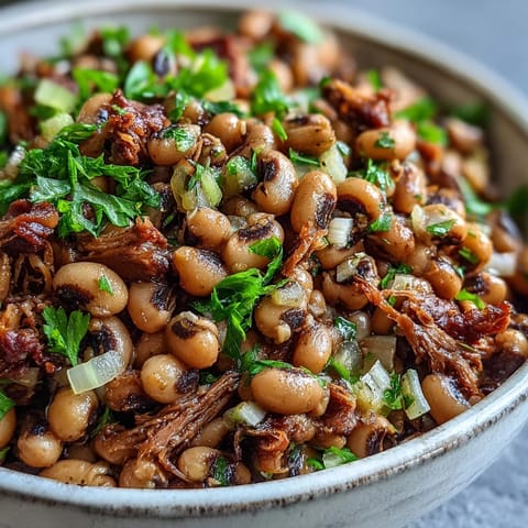 Smoked pork neck bones simmering in a pot of Classic New Years Black-Eyed Peas, infused with aromatic Creole spices and vegetables.