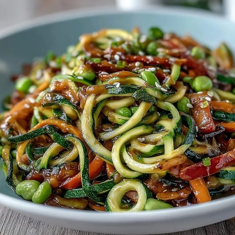 Vibrant zucchini noodles stir-fried with crisp vegetables and drizzled with creamy peanut sauce.