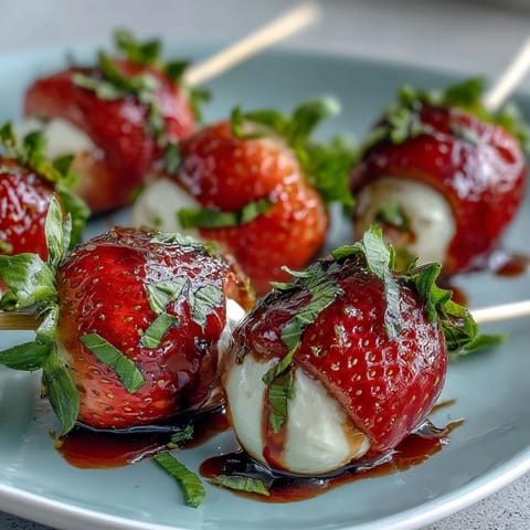 Vibrant strawberry caprese skewers with creamy mozzarella, fresh basil, and tangy balsamic drizzle for a perfect summer appetizer.