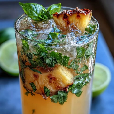 Pineapple basil agua fresca served over ice with vibrant pineapple chunks and a basil sprig for a fresh, tropical look.  