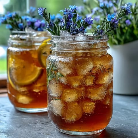 A refreshing lavender honey lemonade pitcher, served over ice with fresh lemon slices and lavender sprigs.