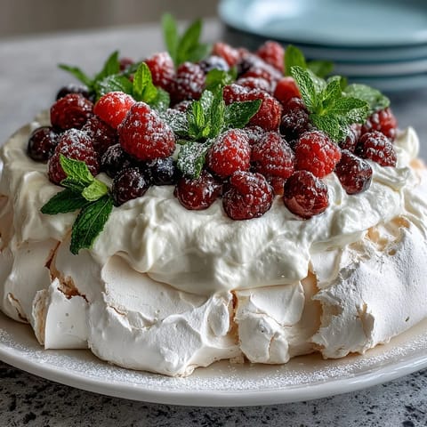 2. Elegant Mothers Day dessert: golden-brown pavlova base crowned with soft vanilla whipped cream and a colorful medley of seasonal mixed berries for a stunning finish.
