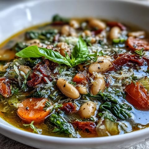 Tuscan White Bean and Spinach Soup in a slow cooker with fresh spinach, vegetables, and Italian herbs.