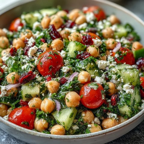 Cold Chickpea Salad with Lemon Herbs in a white bowl, vibrant with cherry tomatoes, cucumbers, and fresh parsley, drizzled with zesty lemon dressing.