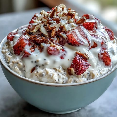 Strawberry vanilla overnight oats topped with fresh strawberries and sliced almonds in a glass jar.  