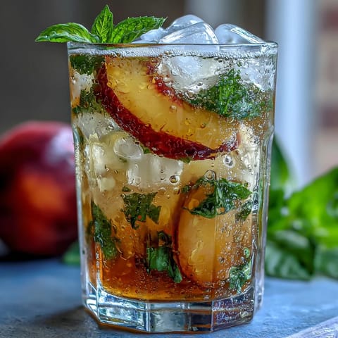 Cool and fruity Starbucks copycat iced peach green tea lemonade garnished with fresh peach slices and mint leaves.  