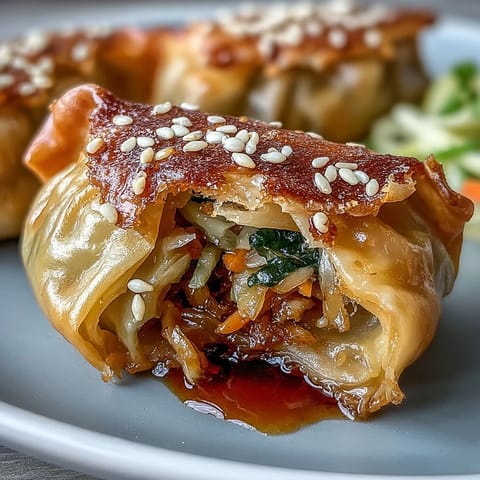 Pan-fried dumplings filled with seasoned cabbage and carrot, crispy bottoms with tender steamed tops.  