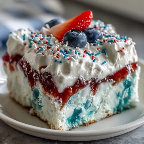 Memorial Day Red White Blue Poke Cake with vibrant red and blue gelatin swirls and creamy whipped topping.