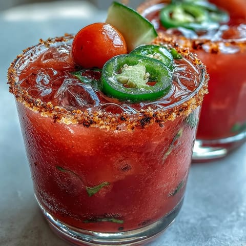 Refreshing watermelon jalapeño margarita mocktail with vibrant red fruit and green pepper garnish in a salt-rimmed glass.  